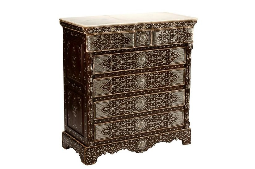 MOORISH MOTHER OF PEARL INLAID & MARBLE TOP CHEST OF
