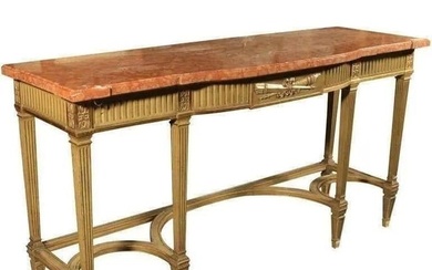 Maison Jansen console with six raised legs and vibrant coral marble top and tree drawers. Gold leaf