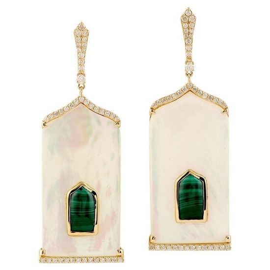 Malachite & Pearl Dangle Earring with Pave Diamond Made in 18k Yellow Gold