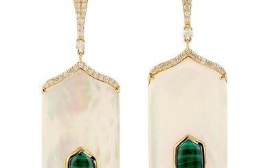 Malachite & Pearl Dangle Earring with Pave Diamond Made in 18k Yellow Gold