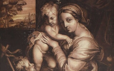 Manière de Raphaël Manière de Raphaël Vierge et Enfant avec l'enfant Saint Jean en grisaille,...