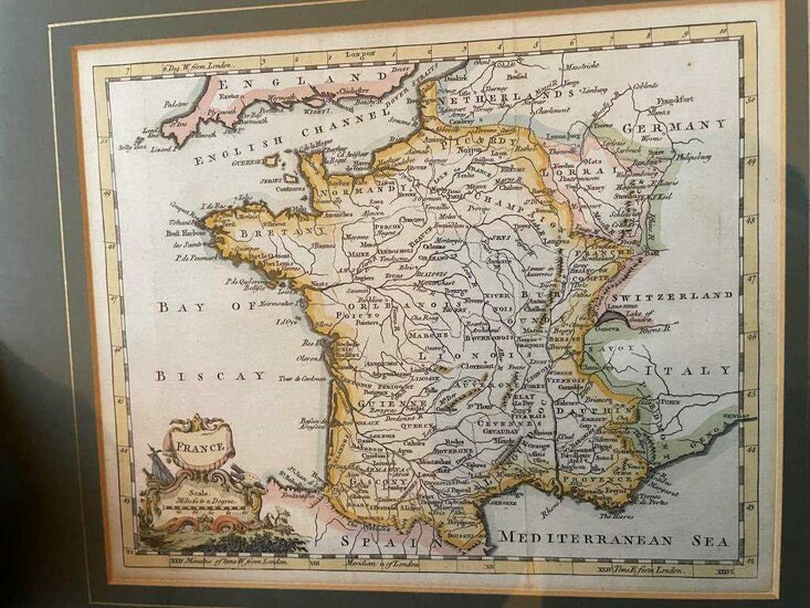 Maps. 11 various maps in modern frames, most with hand colouring.France, late 18th century, 15 x