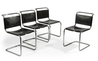 Marcel BREUER (1902-1981) Suite de quatre chaises modèle "B34" à structure en métal tubulaire courbé...