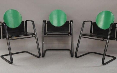 Martin Stoll, a set of three Post Modern G-Pino chairs, c.1980, with green and black painted wooden seats on black lacquered metal supports (3)
