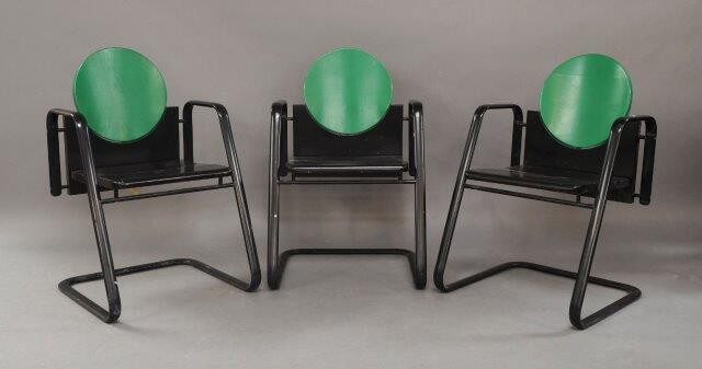 Martin Stoll, a set of three Post Modern G-Pino chairs, c.1980, with green and black painted wooden seats on black lacquered metal supports (3)