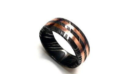 Men's Damascus Steel Ring With Double Banded Rose Gold Coloured Inlay