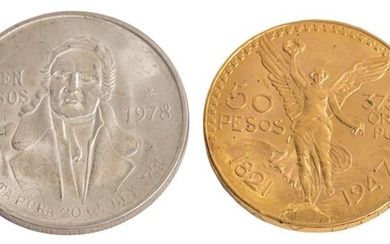 Mexican Cincuenta Peso Gold Coin & Cien Peso Silver coin