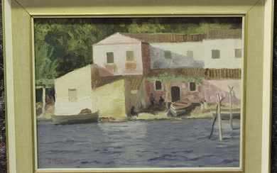 Michael Stokoe - Mediterranean Villa on the Shore, 20th century oil on canvas, signed, 29cm x 39cm