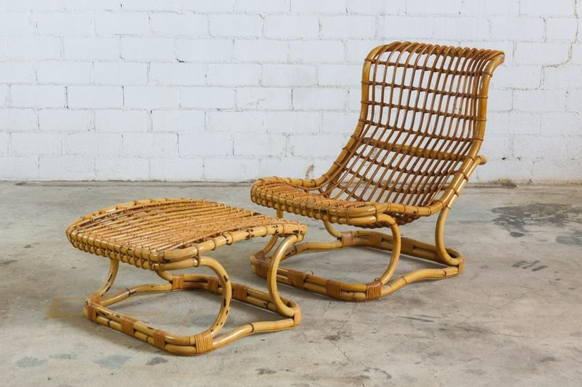 Modern Mid Century Rattan Lounge Chair & Ottoman