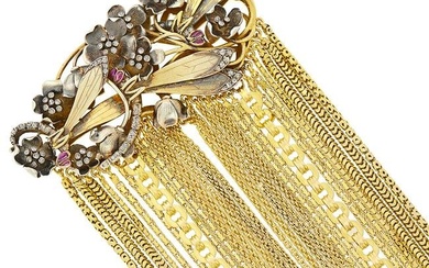 Multistrand Gold Bracelet with Antique Gold, Silver, Diamond and Ruby Dragonfly and Flower Clasp