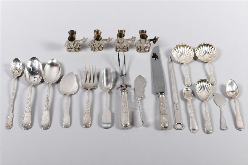 NINE PIECES OF KIRK 'OLD MARYLAND ENGRAVED' SILVER FLATWARE, FOUR MEXICAN SILVER BURRO-FORM TOOTHPICK HOLDERS AND EIGHT OTHER PIECES