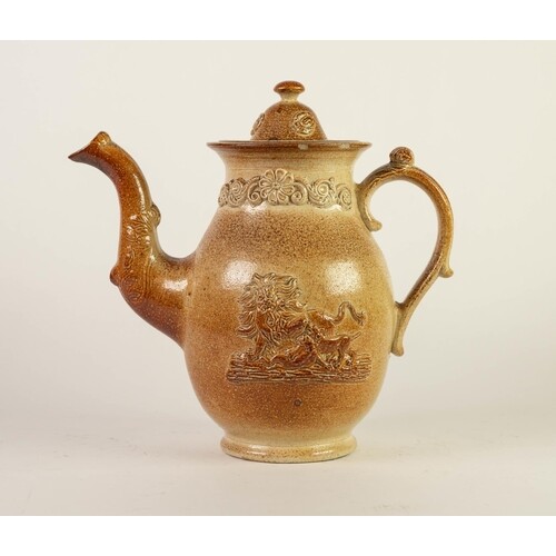 NINETEENTH CENTURY SALT GLAZED AND MOULDED POTTERY TEAPOT AN...