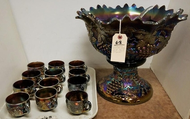 NORTHWOOD CABLE AND GRAPE CARNIVAL GLASS PUNCH BOWL AND
