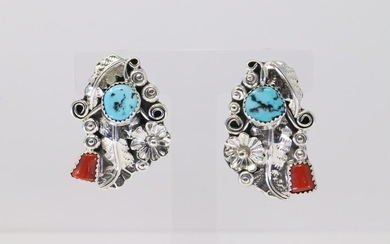 Native America Navajo Handmade Sterling Silver Coral / Turquoise Post Earring's By Harry B. Yazzie.