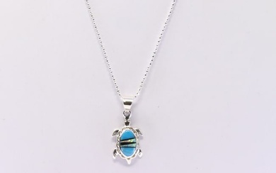 Native American Navajo Sterling Silver Multi-Color Inlay Turtle Pendant By B.S. with A 925 Necklace.