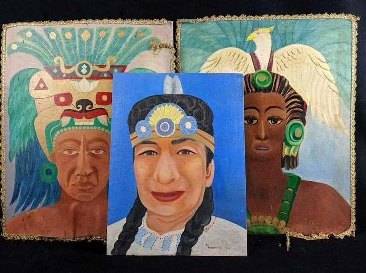 Native American Outsider Art Acrylic Paintings set of 3