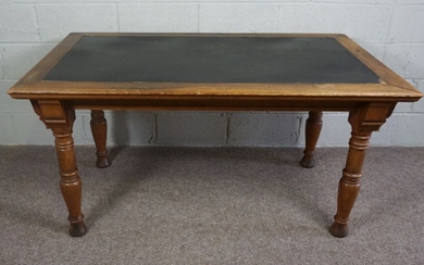 Oak and Pine Center Table, Rectangular top with leather inset panel raised on turned tapered legs