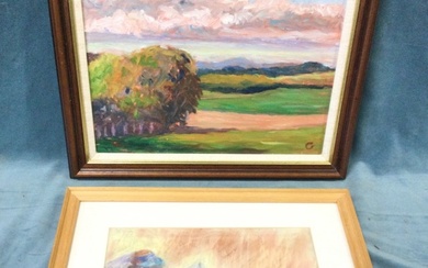 Oil on board, extensive landscape with trees, signed with initial...