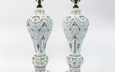PAIR, BOHEMIAN WHITE FLORAL CASED GLASS LAMPS