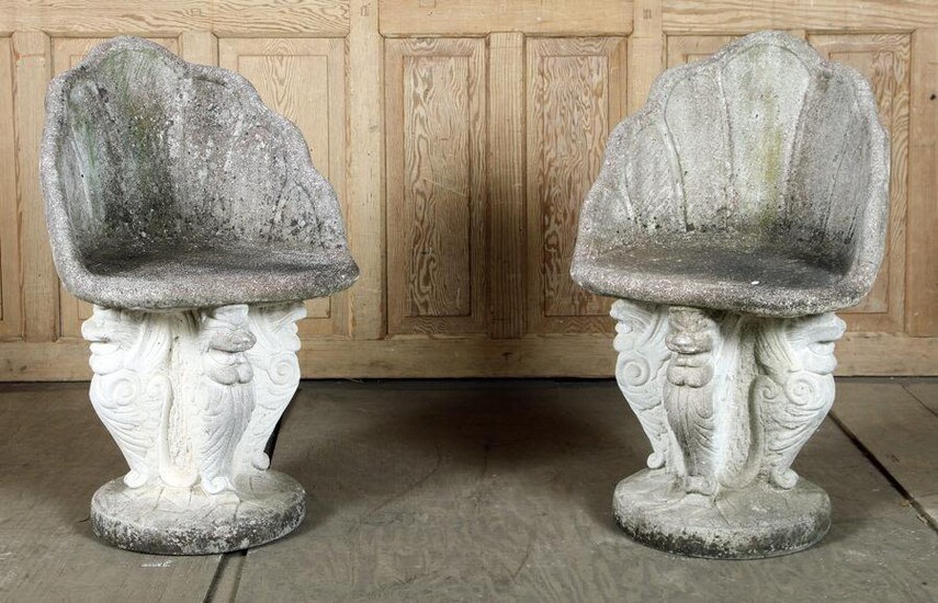 PAIR CAST STONE GROTTO CHAIRS WINGED SERPENTS