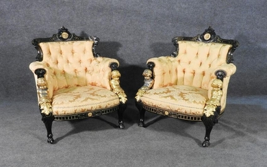 PAIR EBONIZED VICTORIAN ARM CHAIRS BY POTTIER & STYMUS