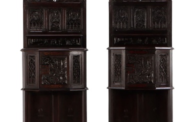 PAIR OF CARVED OAK GOTHIC STYLE SINGLE DOOR CABINETS C...