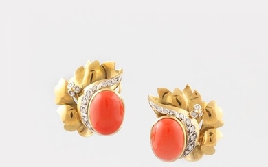 PAIR OF CORAL, DIAMOND AND GOLD EARRINGS