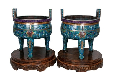 PAIR OF MONUMENTAL CHINESE CLOISONNE TRIPOD CENSERS