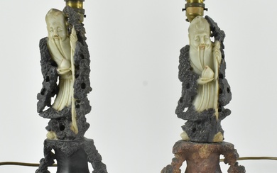 PAIR OF SOAPSTONE HAND CARVED SHOU LAO LAMP BASES 石雕寿星烛台