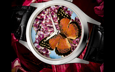 PATEK PHILIPPE. A PLATINUM LIMITED EDITION AUTOMATIC WRISTWATCH WITH CLOISONNÉ ENAMEL DIAL BY ANITA PORCHET FEATURING A BUTTERFLY REF. 5077P-015, CIRCA 2009