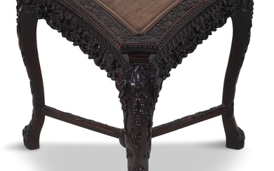 PROBABLY CHINESE,CARVED HARDWOOD SIDE TABLE, EARLY 20TH CENTURY 26 x 28 in. (66 x 71.1 cm.)