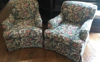 Pair Custom Upholstered Tapestry Fabric Armchairs