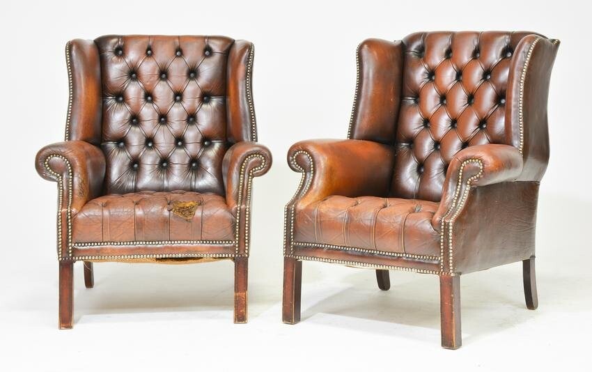 Pair Leather British Wing Back Chesterfield Chairs