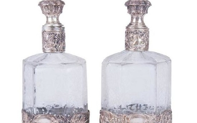 Pair Of Italian .800 Silver & Etched Glass Decanters