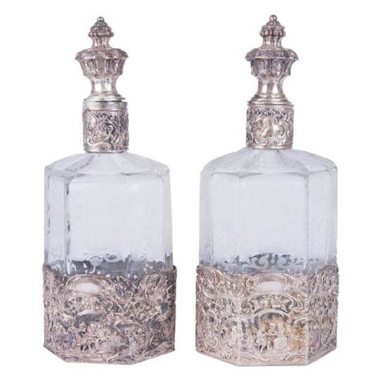 Pair Of Italian .800 Silver & Etched Glass Decanters