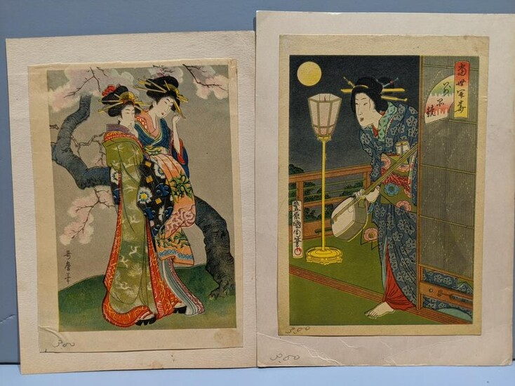 Pair Old Japanese Small Woodblock Prints of Women