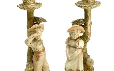 Pair Royal Worcester England Porcelain Candlesticks by Hadley, #1141, 1887
