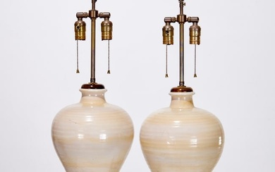 Pair Yuan style ribbed Meiping vase lamps
