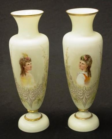 Pair antique glass portrait vases each with a hand painted p...