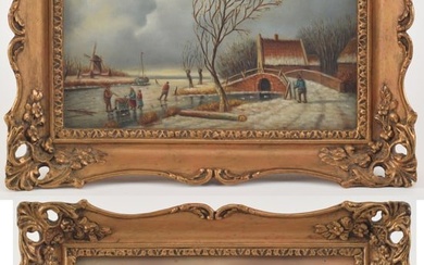 Pair of 19th century Dutch "Spohler" style winter canal paintings with figures. Oil on oak panels.