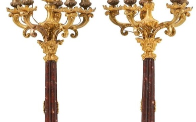 Pair of 35" Antique Gilt Bronze and Marble Candle Lamps