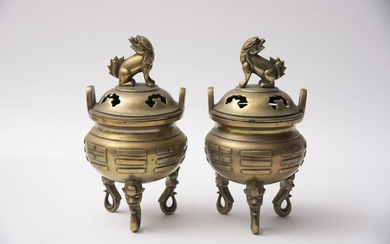 Pair of Asian Brass Sensors Mounted with Foo Lion