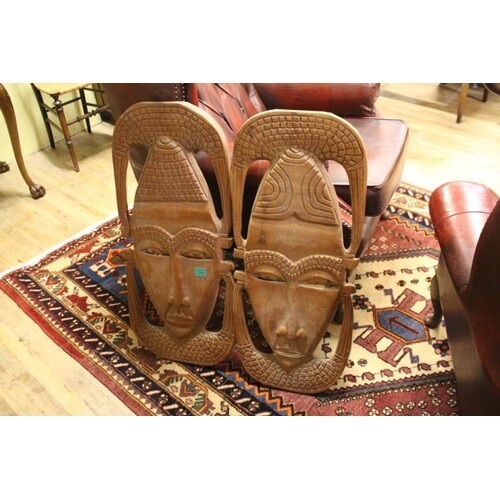 Pair of Carved Afrian Hardwood Wall Plaques (77cm Tall)