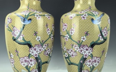 Pair of Chinese Cloisonne Large Vase with Birds and Cherry Blossoms