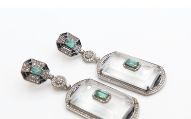Pair of Crystal Diamond Emerald and Black Enamel Decorated L...