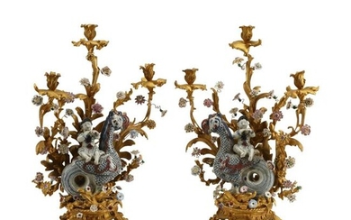 Pair of Louis XV Style Dore Bronze and Porcelain