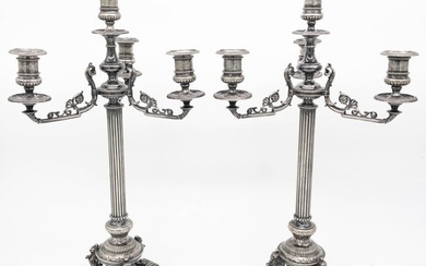 Pair of Neoclassical 4-Light Silver Plate Candelabra