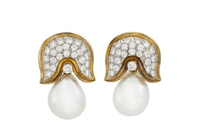 Pair of Two-Color Gold, Baroque South Sea Cultured Pearl and Diamond Pendant-Earrings