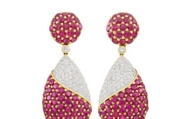 Pair of Two-Color Gold, Ruby and Diamond Pendant-Earclips, Assil
