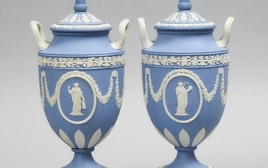 Pair of Wedgwood Blue Jasper Two-Handled Urn-Form Vases